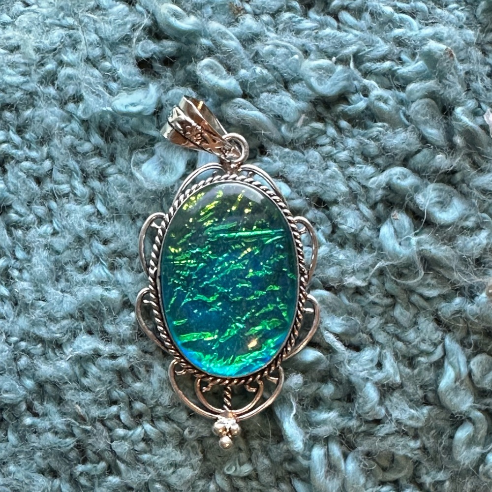 Sterling Silver overlay 925 pendant statement faux opal